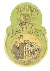 THEO R. HELB'S LAGER BEER FACTORY SCENE DIE-CUT TIN LITHO SIGN