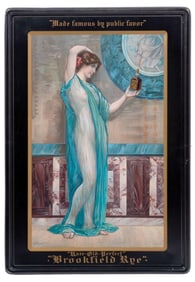 BROOKFIELD RYE TIN ADVERTISING OF WOMAN HOLDING PRODUCT IN GLASS JAR