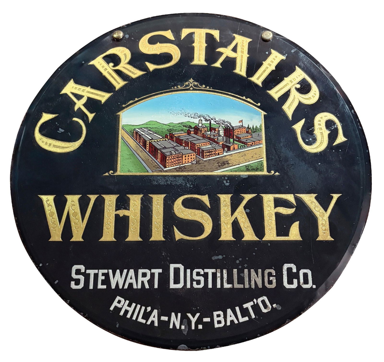 CARSTAIRS WHISKY SIGN: Reverse on glass with gold gilting factory scene in the center, advertising Carstair's Whiskey, Stewart Distilling Co., Philadelphia, New York, and Baltimore. CONDITION: Original hardware, original ch