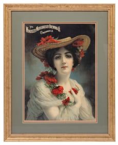THE WINDISCH-MUHLHAUSER BREWING CO. FRAMED ADVERTISING OF BEAUTIFUL WOMAN IN HAT