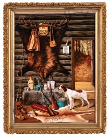 I.W. HARPER WHISKEY FRAMED VITROLITE HUNTING SCENE SIGN