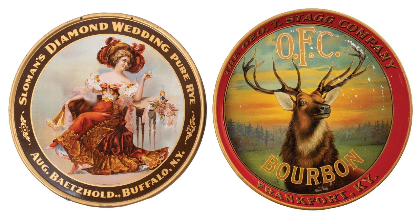 LOT OF 2 DIAMOND WEDDING PURE RYE AND THE GEO. T. STAGS COMPANY O.F.C. BOURBON TRAY AND SIGN (1 of 2)