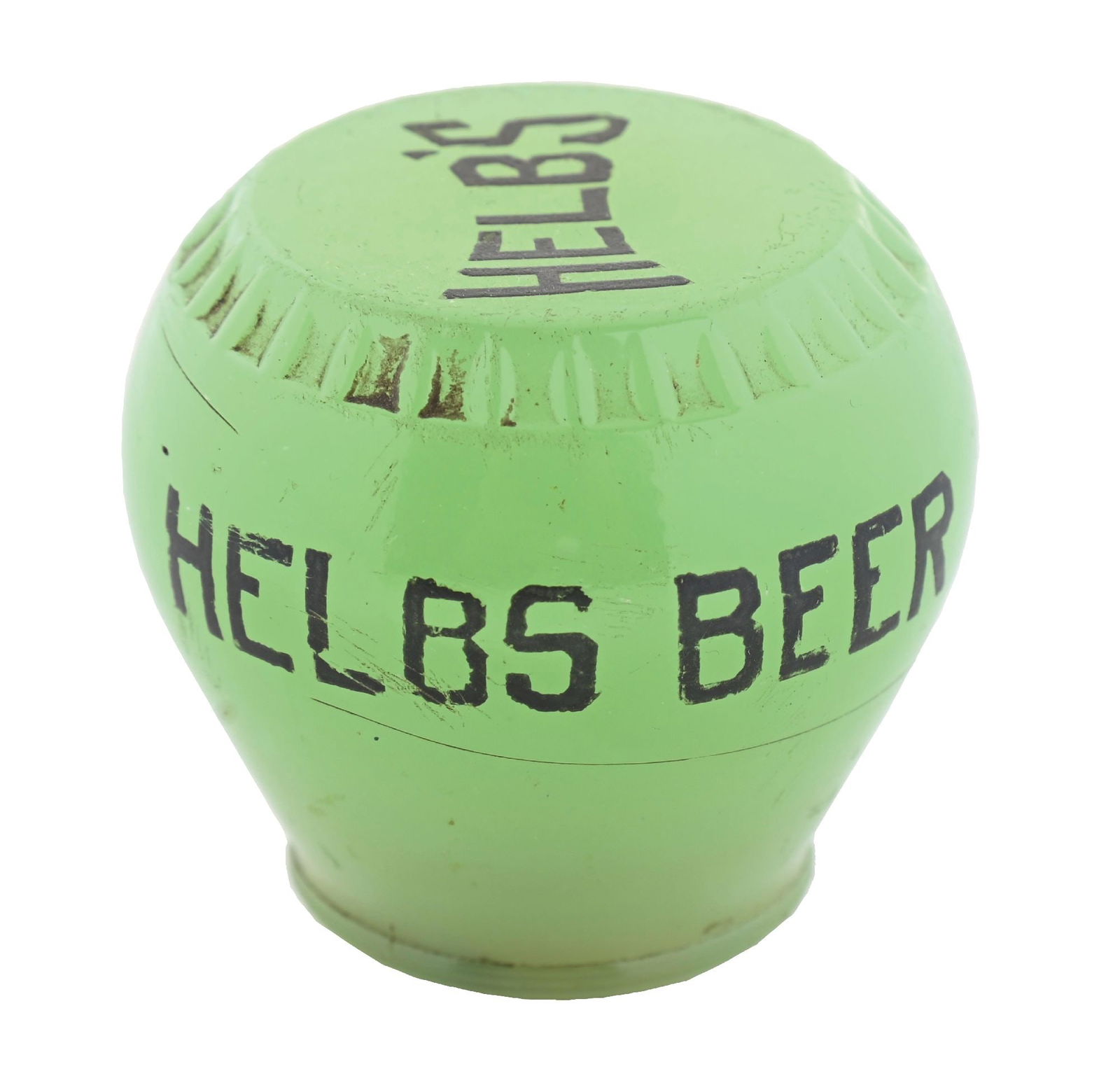 HELB'S BEER GLASS TAP KNOB: C. 1930s. Theo. R. Helb's Brewery, York, Pennsylvania. Extremely difficult-to-find Helb's Beer glass knob. Manufactured by The Newman Co. CONDITION: Solid overall. Has hairline through bottom half of
