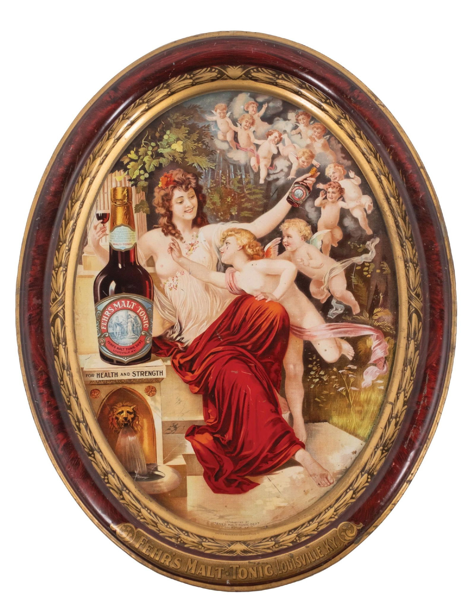 FEHR'S MALT-TONIC WOMAN AND ANGELS ON TIN OVAL TRAY (1 of 2)