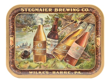 STEGMAIER BREWING CO. 4 LABEL BOTTLE FISHING SCENE BEER TRAY