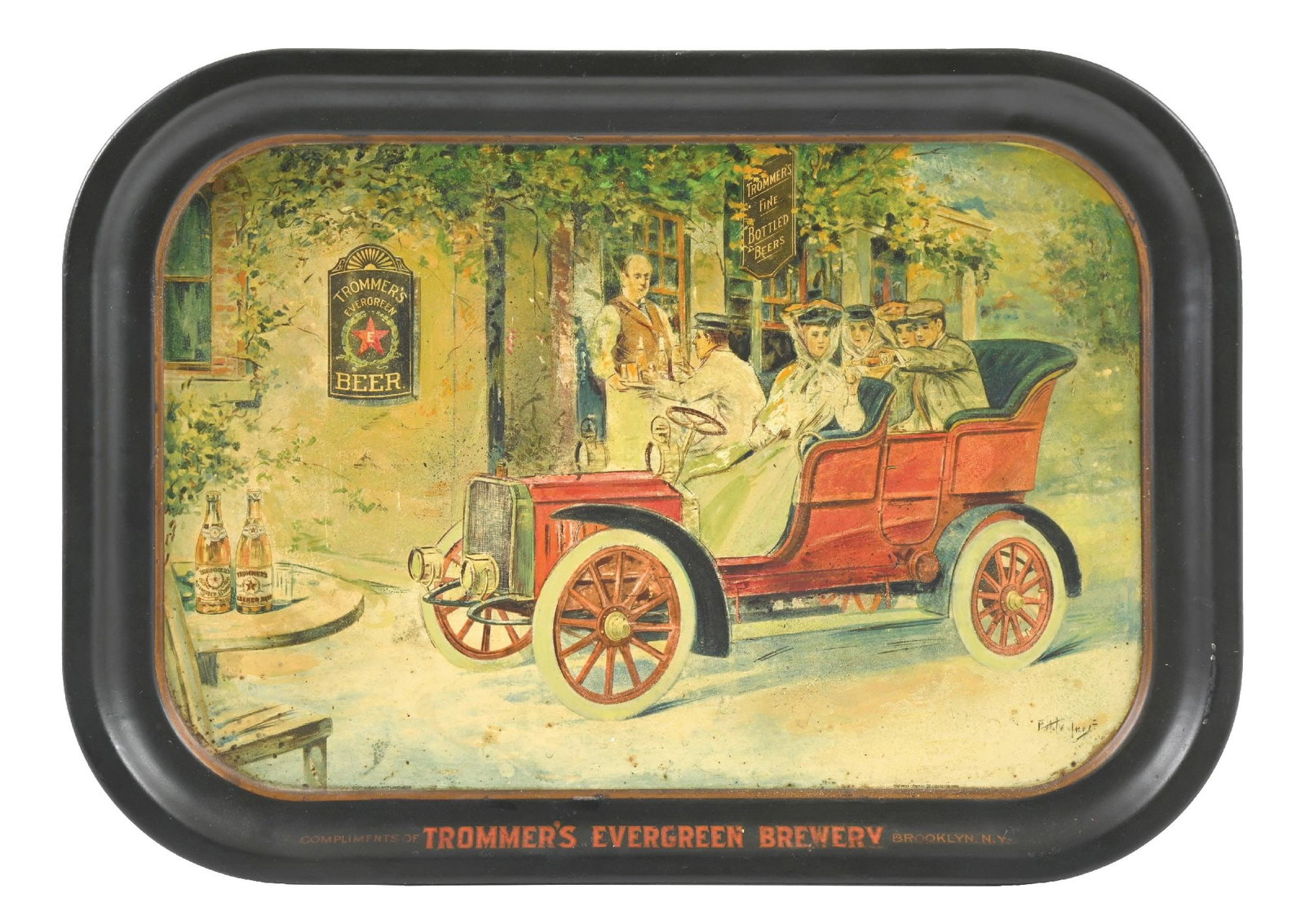 TROMMER'S EVERGREEN BREWERY AUTOMOBILE SCENE BEER TRAY: Pre-Prohibition, c. early 1900s. Trommer's Evergreen Brewery, Brooklyn, New York. Automobile scene beer tray with incredible graphics, difficult to find. Showing porcelain "Trommer's" sign on the wall