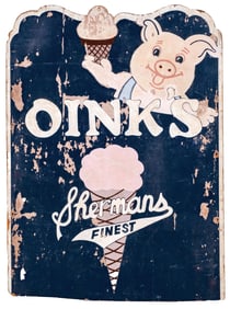 HAND-PAINTED WOODEN SIGN FOR OINK'S SHERMAN'S FINEST ICE CREAM