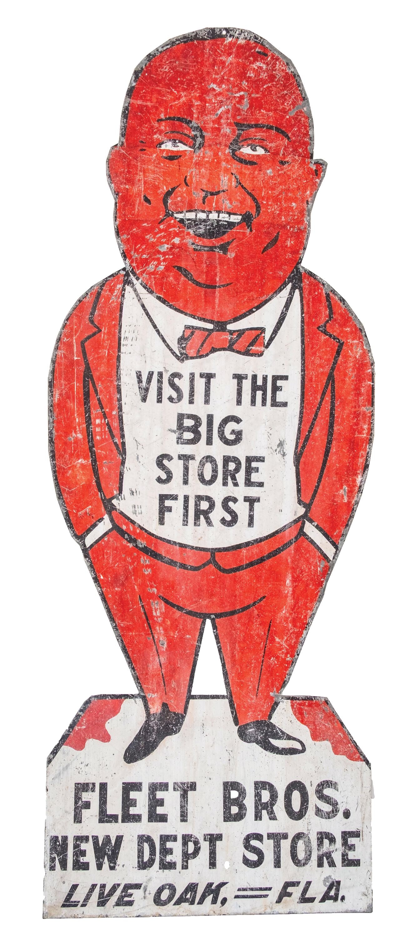 DIE-CUT TIN FLEET BROS. DEPT. STORE SIGN: SST. CONDITION: Most likely a Ithaca sign, die-cut tin. It shows overall scratches and areas of missing paint. There are scuffs and scrapes to the main field. The sign has outside appearance appeal wi