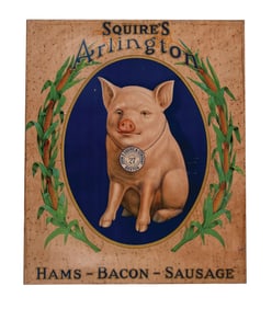 TIN SQUIRES ARLINGTON HAMS, BACON & SAUSAGE SIGN