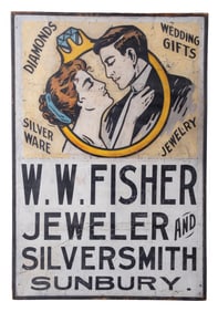 TIN ITHACA ADVERTISING SIGN FOR W.W. FISHER JEWELER