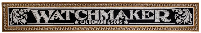 WATCHMAKER C.H. BEMANN & SONS ON REVERSE GLASS SIGN IN GOLD FRAME