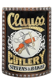 STEVENS & BAKER CLAUSS CUTLERY CURVED REVERSE GLASS PAINTED LIGHT UP SIGN