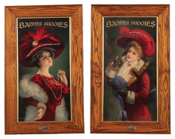 LOT OF 2 BANNER BUGGIES FRAMED ADVERTISMENTS WITH WOMAN WITH RED HATS
