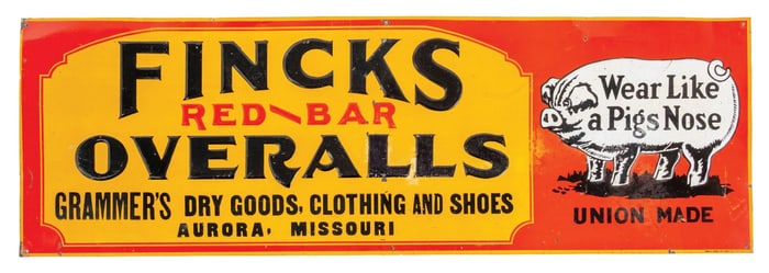 TIN EMBOSSED FINCKS RED BAR OVERALLS SIGN