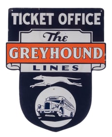 DIE-CUT GREYHOUND TICKET OFFICE PORCELAIN SIGN