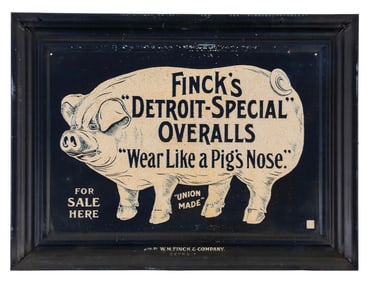 SELF-FRAMED TIN FINCKS DETROIT SPECIAL OVERALLS SIGN
