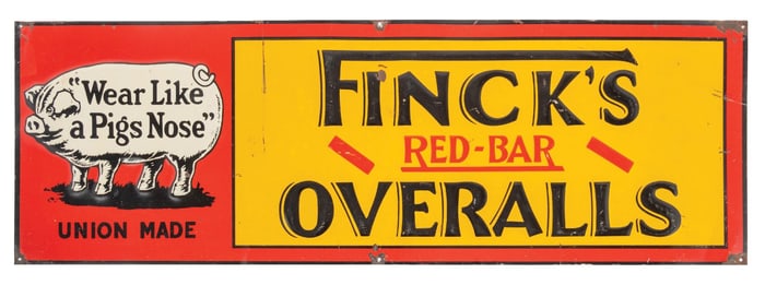 TIN EMBOSSED FINCKS RED BAR OVERALLS SIGN