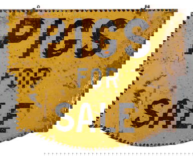DOUBLE-SIDED STEEL PIGS FOR SALE SIGN: CONDITION: An original thick metal steel sign with an applied yellow paint and black lettering. Side 1 shows some color and no shine, with areas of surface rust, pock marks and oxidation. Side 2 shows