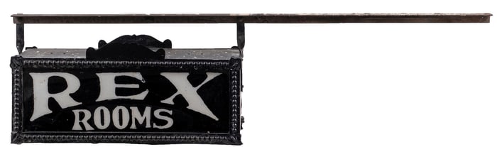 ORIGINAL DOUBLE-SIDED FLANGE SIGN MARKED "REX ROOMS"