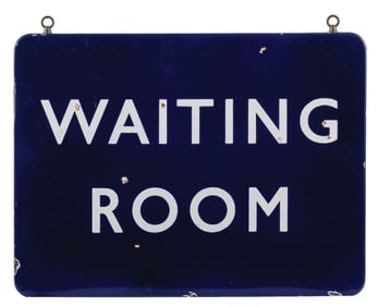 COBALT BLUE PORCELAIN "WAITING ROOM" SIGN