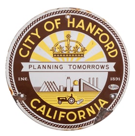 CITY OF HANFORD CALIFORNIA MUNICIPAL PORCELAIN SIGN