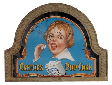 ORIGINAL REVERSE PAINTED TOP SIGN FOR CRETORS POPCORN WAGON
