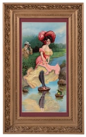FRAMED PAINTING OF WOMAN ON ROCK IN POND
