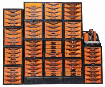 COLLECTION OF 19 DORMEN PRODUCT BOLT DRAWER RACKS