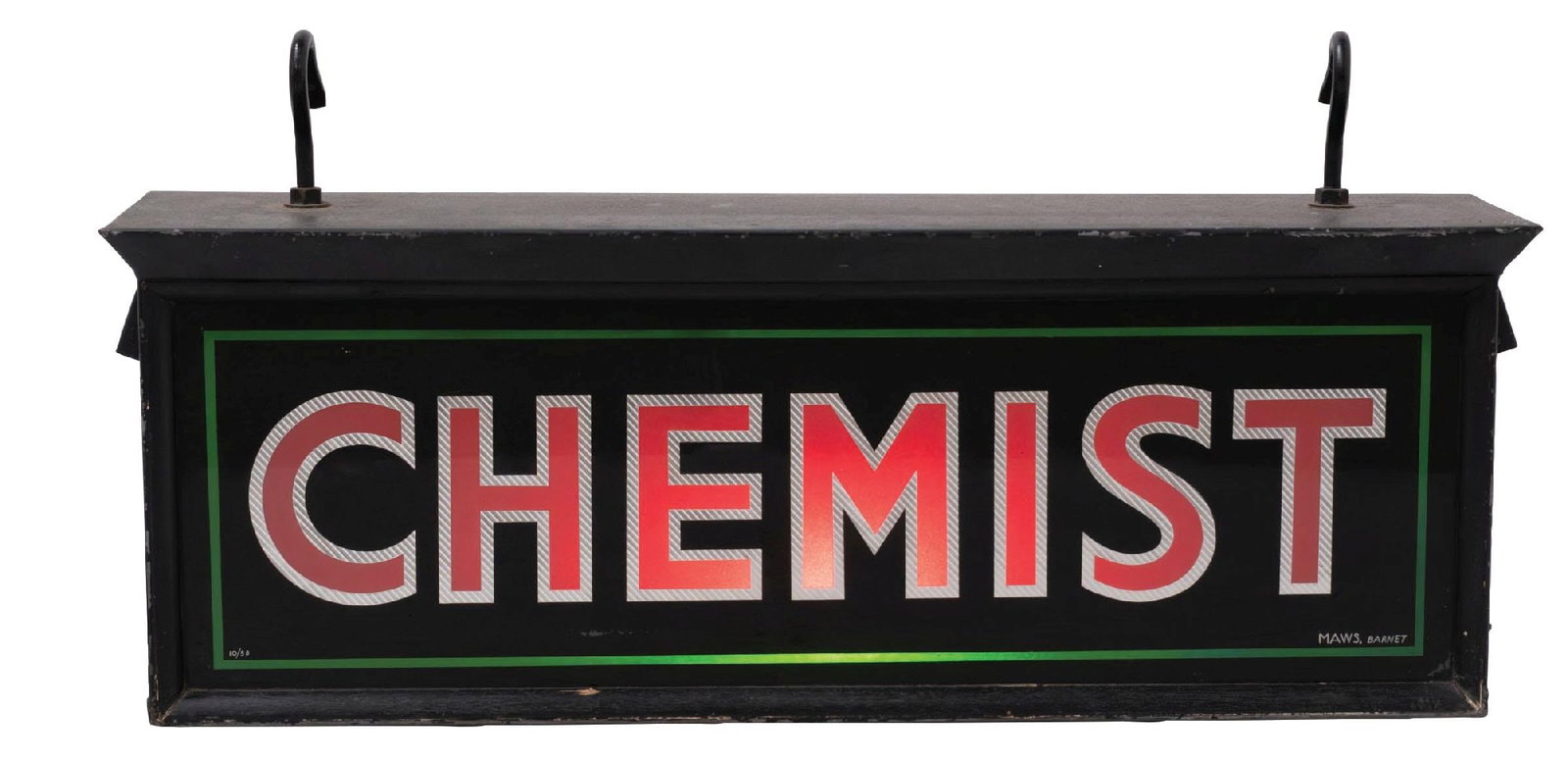 TWO-SIDED LIGHT-UP CHEMIST SIGN: CONDITION: Side 1, which lights up in red, shows no cracks or repairs. It has good color. Side 2 shows two hairline cracks, one through the "I" and one through the "H" in the word "Chemist". Both sign