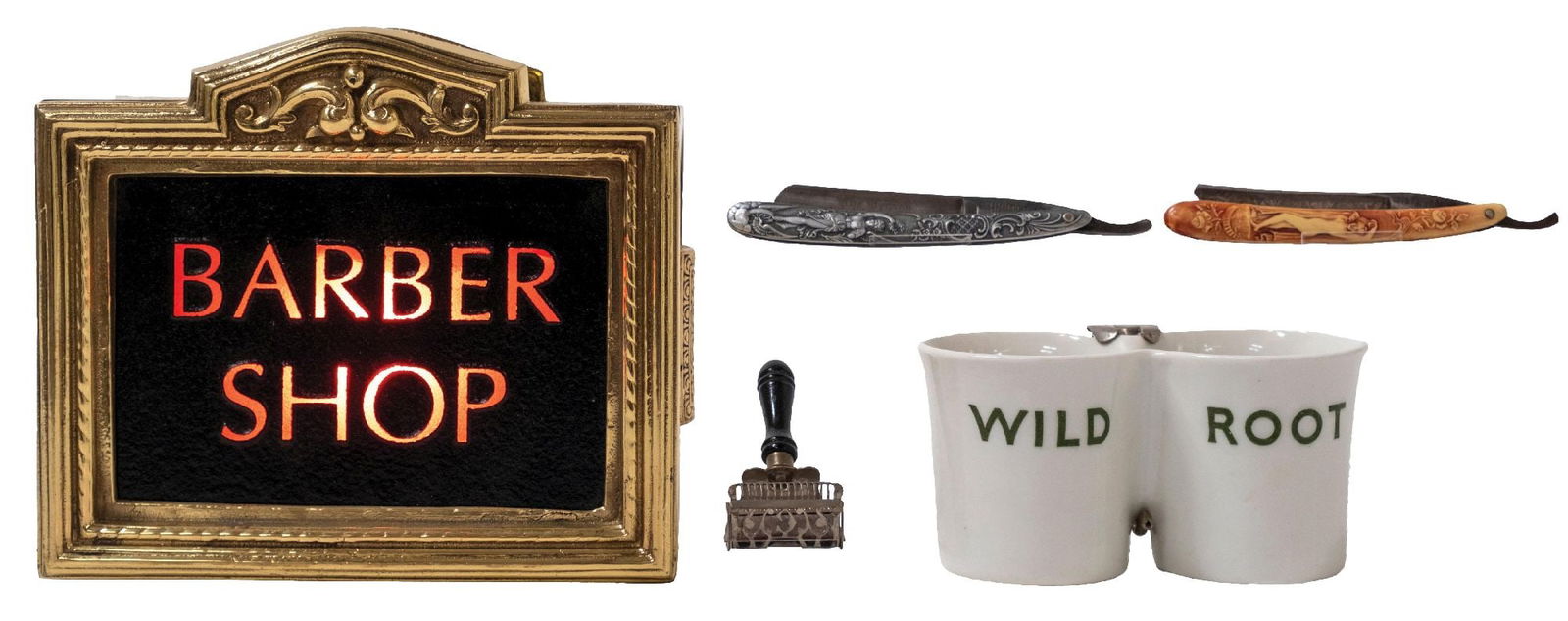 COLLECTION OF 5 BARBER LIGHT UP COUNTERTOP SIGN AND BARBER TOOK MEMORBILIA (1 of 4)