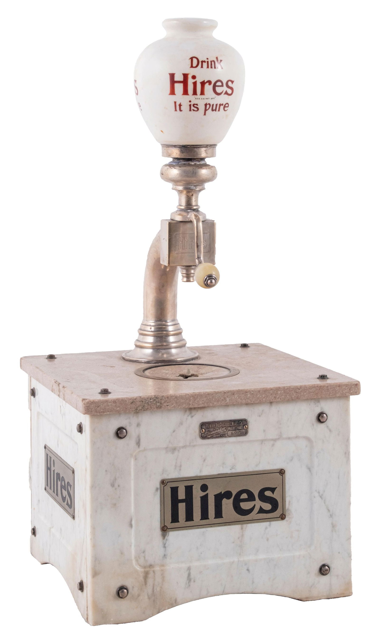 HIRES ROOT MUNIMAKER SYRUP DISPENSER: C. 1900 marble, metal, and glass syrup dispenser from Hires Root Beer features the iconic company logo on four sides of the marble base, as well as on the metal spigot and milk glass globe. CONDITION: