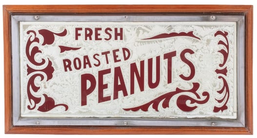 FRESH ROASTED PEANUTS IN REVERSE ON CHIPPED GLASS SIGN