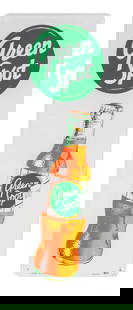 SELF-FRAMED TIN GREEN SPOT BEVERAGE SIGN: Maker marked "Made in the USA", and TAC Authenticated. CONDITION: It shows excellent color and shine, with a great, bright image of a Green Spot bottle. It shows some light edgewear, several light ben