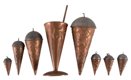 COLLECTION OF 8 SODA AND ICE CREAM CONE COPPER DISPLAYS