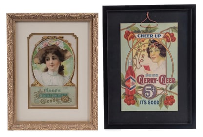COLLECTION OF 2 HOOPS AND CHERRY-CHEER FRAMED ADVERTISMENT