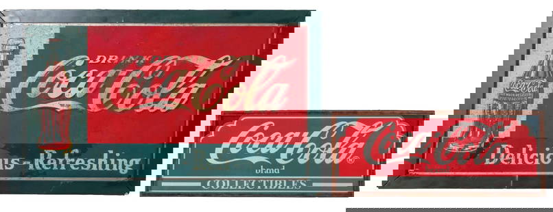 PAIR OF COCA-COLA ADVERTISING SIGNS: CONDITION: (A) DSC. In a period frame, with an image on both sides. Side 1 has strong color, with very light edgewear. Side 2 has strong color. The sign was primarily used to showcase the store with C
