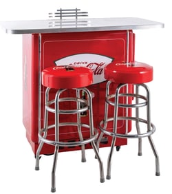 COCA-COLA COOLER WITH ADDED TOP AND 2 BAR STOOLS