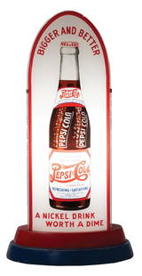 PEPSI-COLA LIGHT-UP BULLET SIGN: CONDITION: It shows a beautiful reverse glass sign, with no areas of repair and TAC Authenticated. It has the original base and backing, showing remnants of the original decals. It is fully operationa