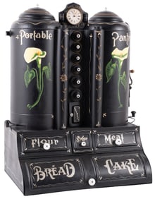 ANTIQUE CHUCK WAGON PORTABLE KITCHEN TIN PANTRY WITH BUILT IN CLOCK