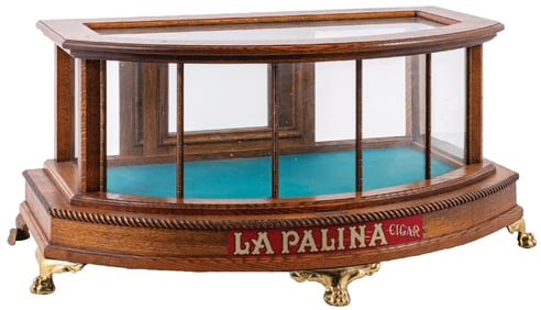OAK CURVED GLASS COFFEE TABLE SHOWCASE WITH ADDED "PALINA CIGAR" SIGN