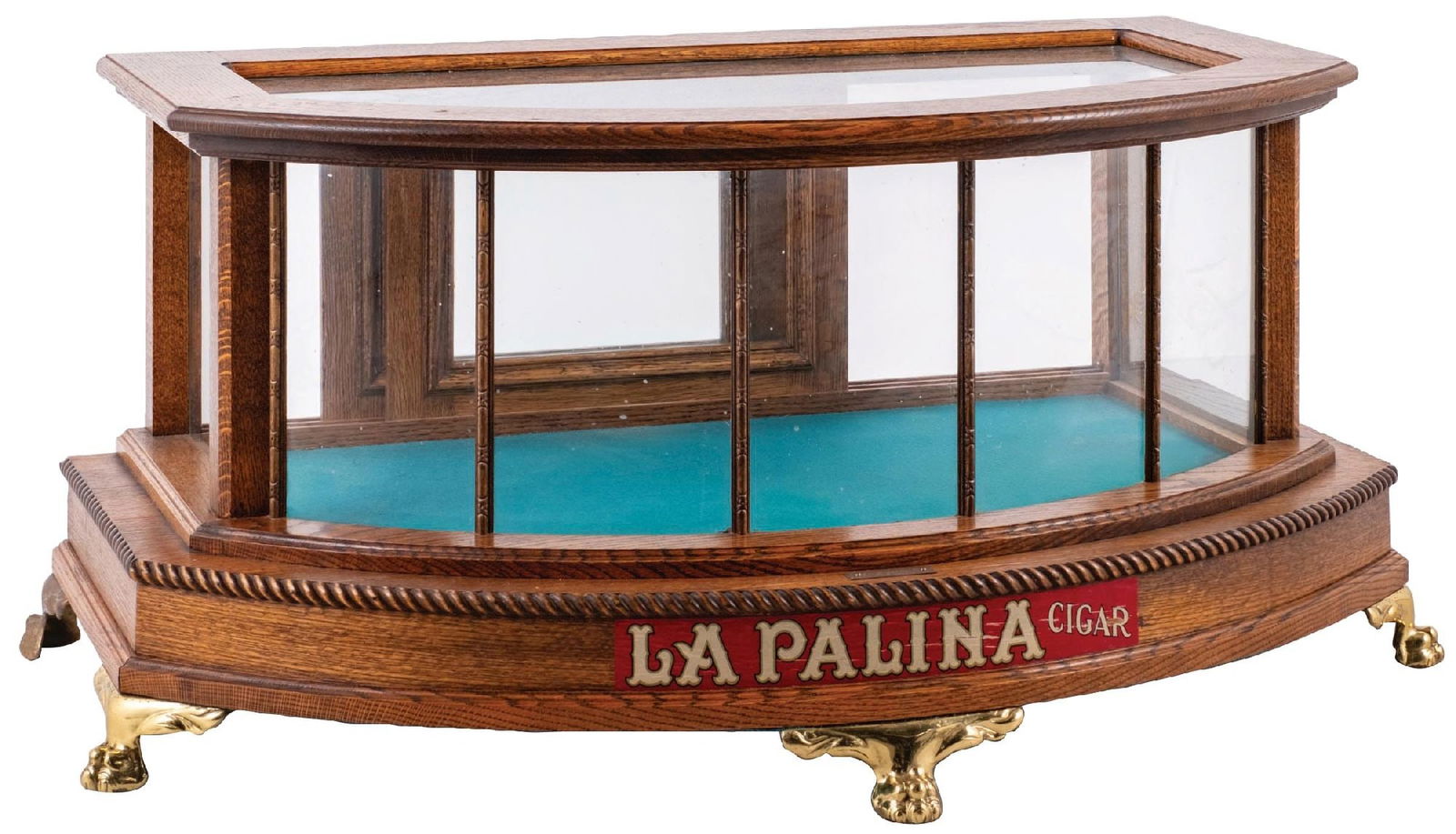 OAK CURVED GLASS COFFEE TABLE SHOWCASE WITH ADDED "PALINA CIGAR" SIGN (1 of 6)