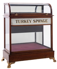 WOODEN CURVED FRONT GLASS "TURKEY SPONGE" FLOOR MODEL DISPLAY CASE