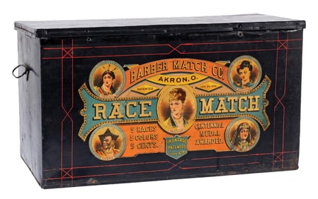 ORIGINAL TIN STORAGE CONTAINER FOR THE BARBER MATCH CO. OUT OF AKRON, OHIO