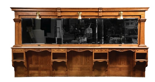 ORIGINAL THREE STATION KOKEN #171 QUARTERED OAK BARBER SHOP BACK BAR