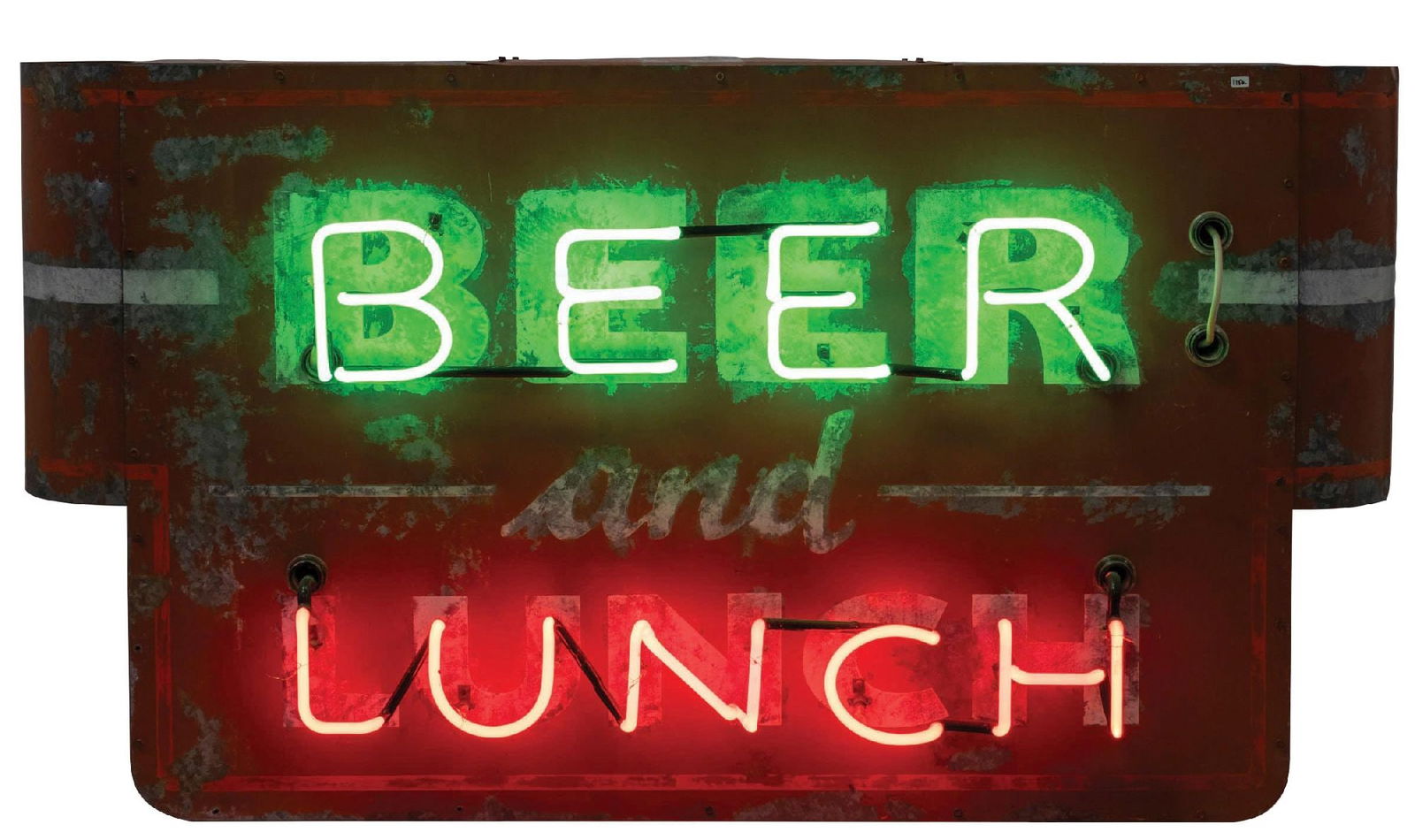 BEER AND LUNCH NEON SIGN: SST. CONDITION: Painted tin sign with original neon, showing moderate wear overall, with areas of oxidized paint, scuffs and scratches, and an overall light fade. Single sided with the original can, i