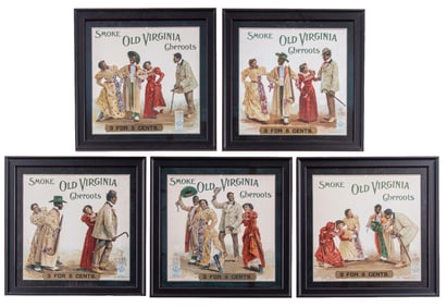 COLLECTION OF 5 CARDSTOCK LITHOGRAPHS FOR OLD VIRGINIA CHEROOTS CIGARS
