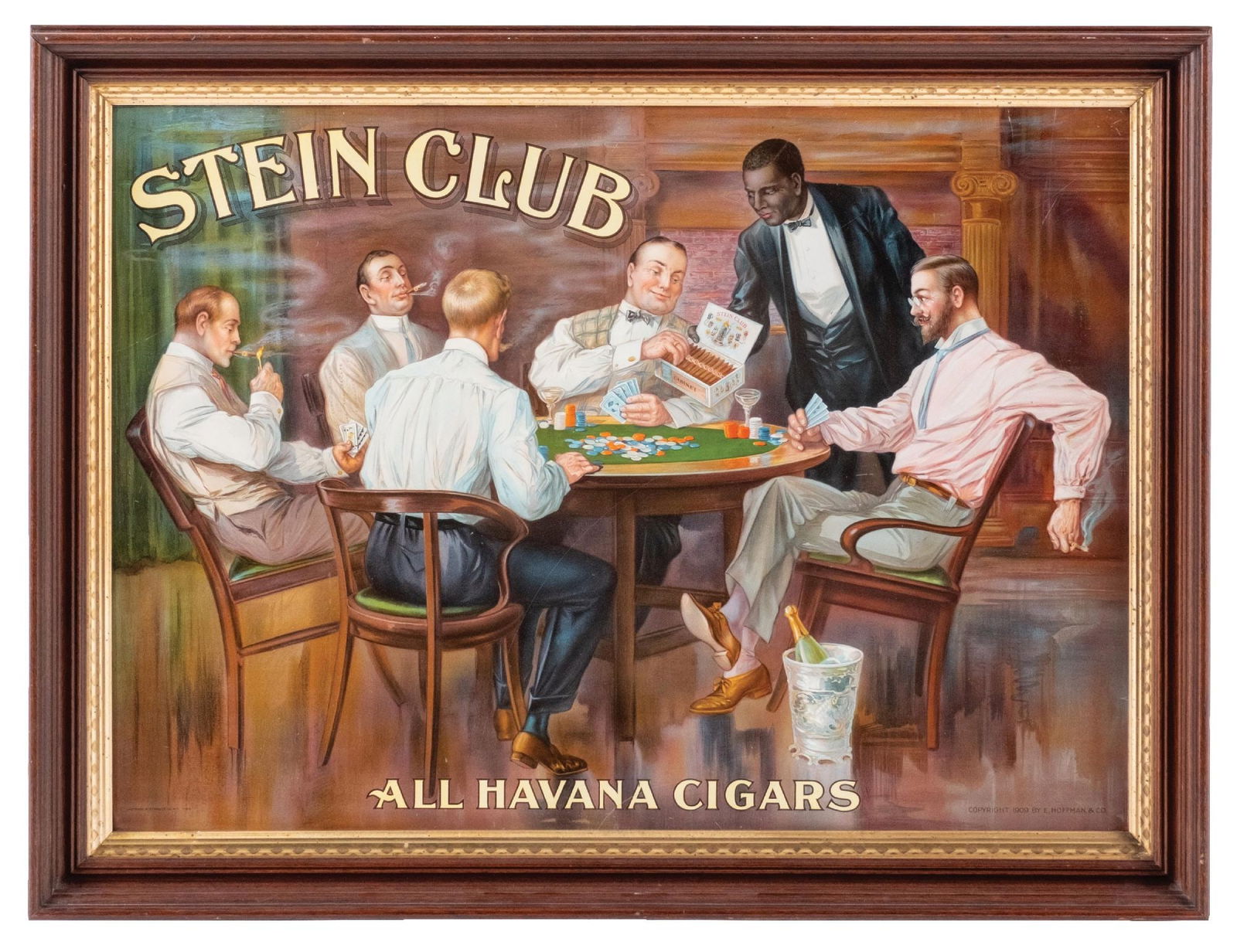 TIN STEIN CLUB HAVANA CIGAR SIGN: Copyright date of 1909, and marked for the Hoffman Kauffman & Strauss Company out of New York. CONDITION: It shows wonderful color and shine. There are some light surface scratches, most of it confine