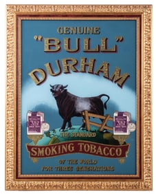 GENUINE "BULL DURHAM" SMOKING TOBACCO REVERSE ON GLASS SIGN
