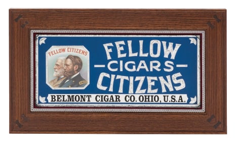 FELLOW CITIZENS CIGARS ON REVERSE GLASS SIGN IN WOODEN FRAME