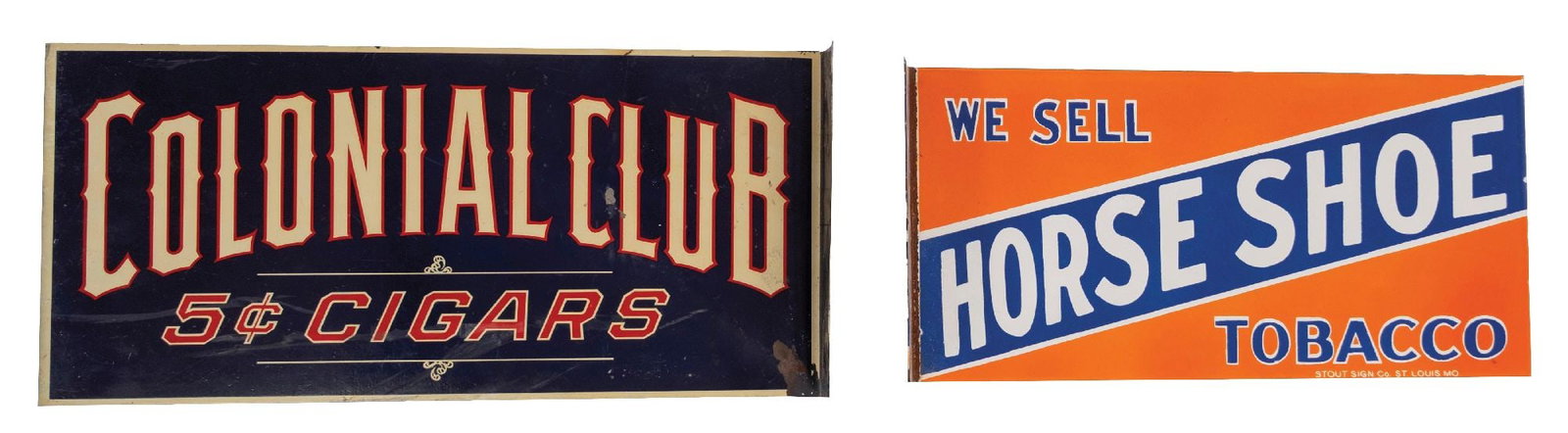 PAIR OF TOBACCO AND CIGAR FLANGE SIGNS: CONDITION: (A) DST. A Colonial Club flange sign. Side 1 shows good color. There are areas of missing paint, primarily at the flange and to the right of the "C" in "Club". It shows light surface scratc